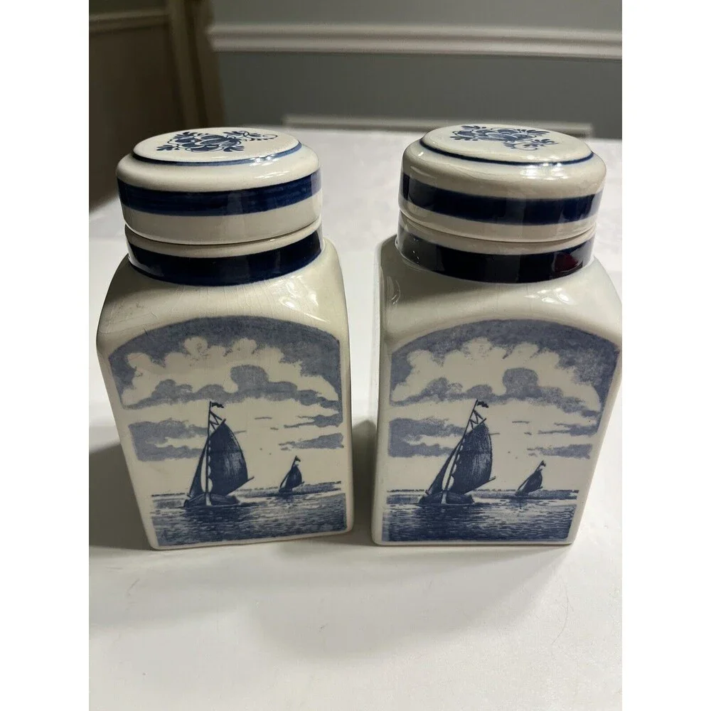Pair of Delft Blue White Lidded Jars Spice Vanity Windmill Sailboat